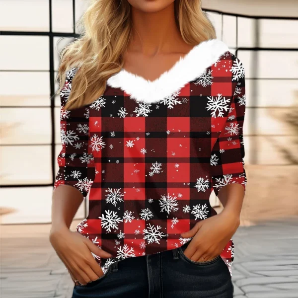 Women's Party Fleece Collar Shirt T Shirt Christmas Long Sleeve V Neck Top - Image 43