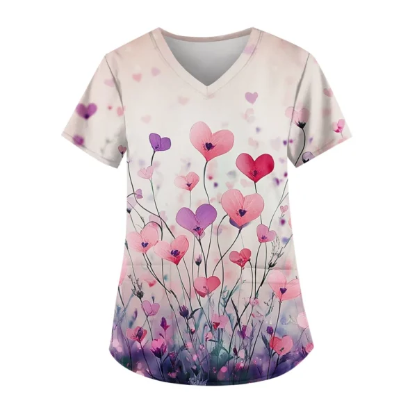 Women's Cute Printed Work Clothes V-neck Double Layer Pockets Basic Short - Image 32