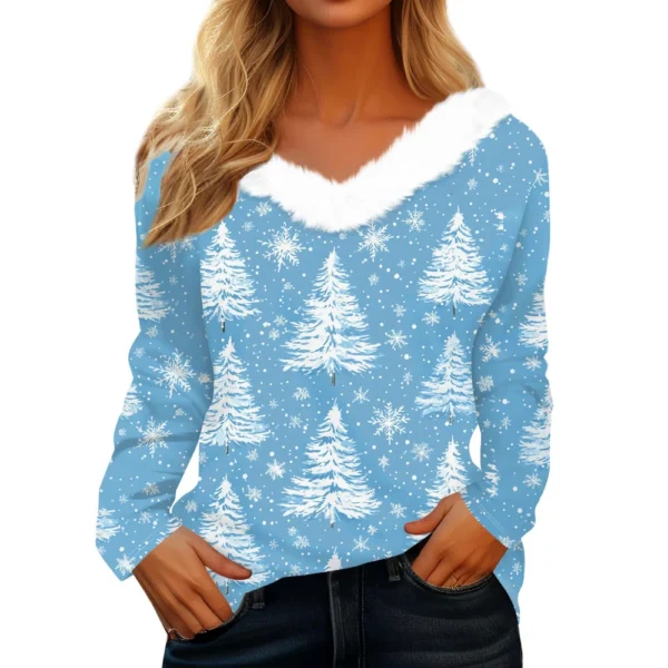 Women's Christmas Shirt Fleece Collar T Shirt Party V Neck Long Sleeve Top - Image 29