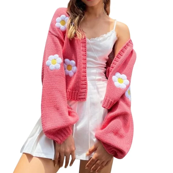 Women's Floral Sweater Loose Short Knit Cardigan - Image 2