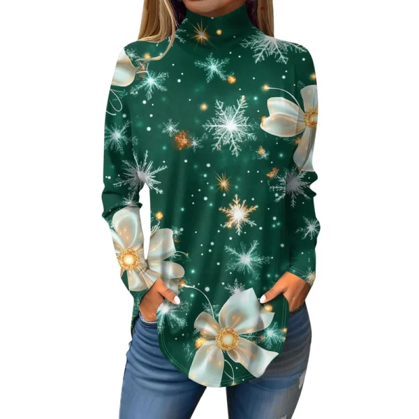 Women's Printed Christmas High Neck Pullover Long Sleeve Casual Fashion T-Shirt - Image 29