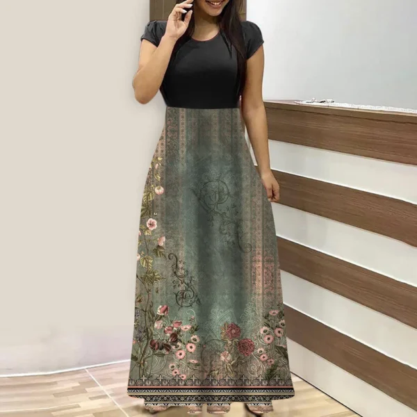 Women's Fashion Casual Loose Printed Round Neck Short Sleeve Long Dresses - Image 25