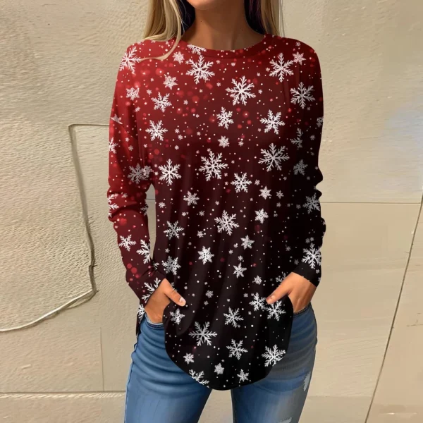 Women's Print Round Neck Christmas Loose T-Shirt Pullover Long Sleeve Top - Image 16