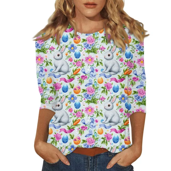 Women's Tops Easter Fashion Basic 3/4 Sleeve Printed Plus Size Casual Pullover - Image 3