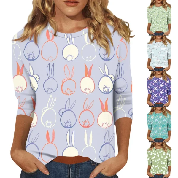 Women's Fashion Tops Casual 3/4 Sleeve Plus Size Easter Basic Printed Pullover