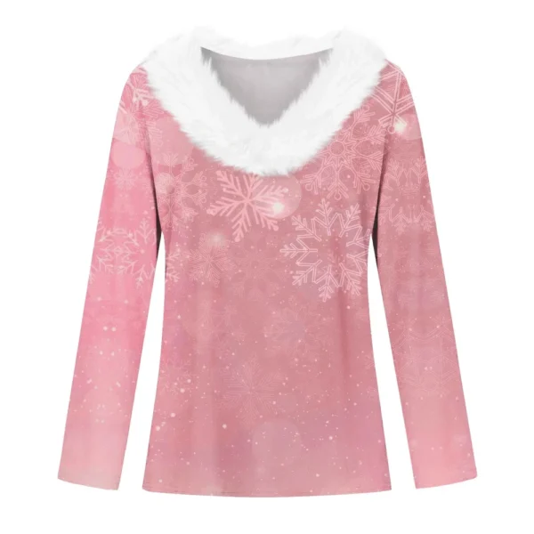 Women's Party Long Sleeve V Neck T Shirt Christmas Shirt Fleece Collar Top - Image 10