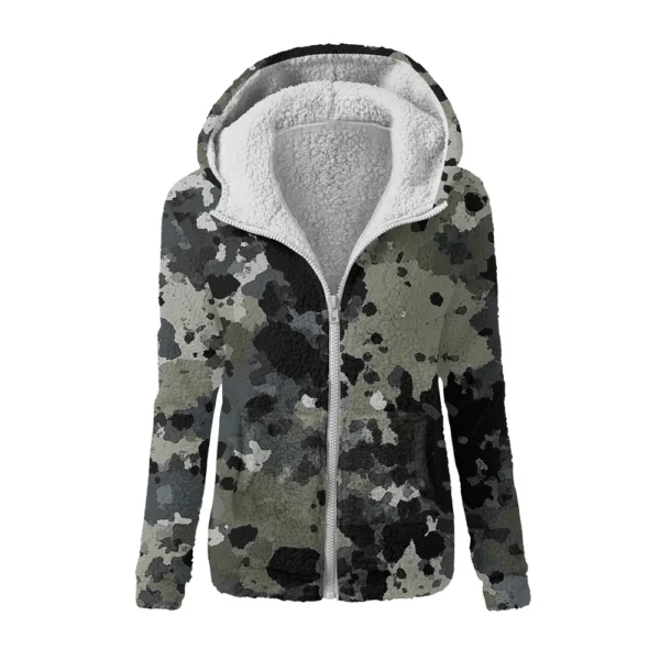 Women's Winter Camouflage Print Casual Fashion Plush Hooded Zipper Sweater - Image 25