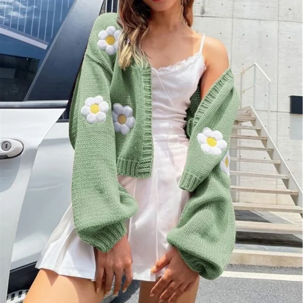 Women's Floral Sweater Loose Short Knit Cardigan - Image 10