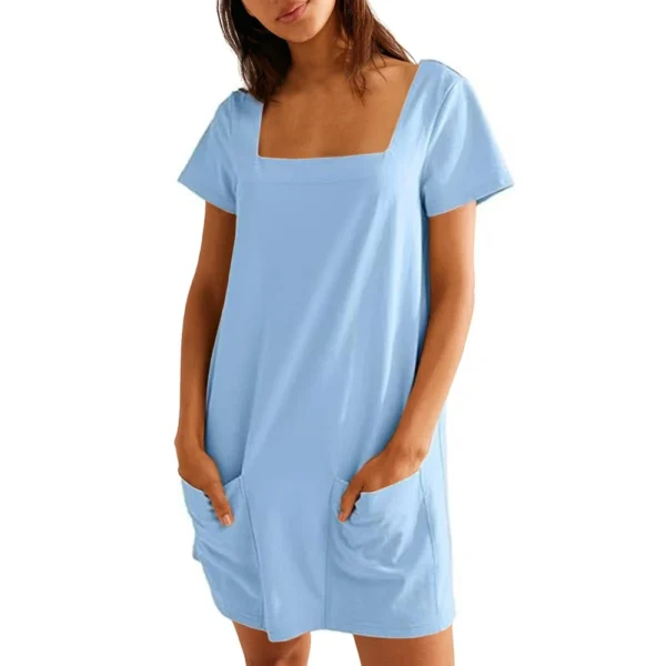 Women's Solid Color Square Collar Short Sleeve Fashion Skirt Pocket Casual Dress - Image 37