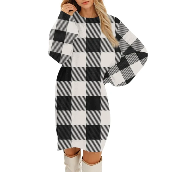 Women's Round Neck Casual Long Sleeve Plush Gradient Plaid Dresses - Image 4