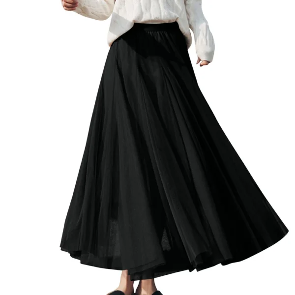 Women's Solid Color Mesh Skirt With Elastic Band Large Swing Mid Length Skirt - Image 7