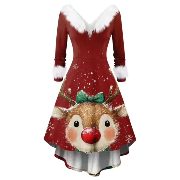 Women's Fashion V-neck Casual Fit Christmas Print Party Long Sleeve Dress - Image 31