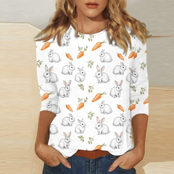 Women's Printed Easter Basic Tops Casual 3/4 Sleeve Fashion Plus Size Pullover - Image 28