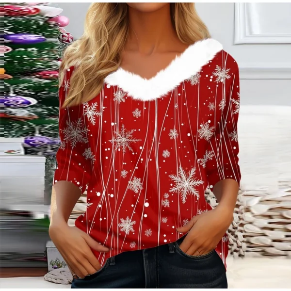 Women's Party Long Sleeve V Neck T Shirt Christmas Shirt Fleece Collar Top - Image 25