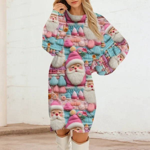 Women's Round Neck Casual Long Sleeve Plush Christmas Printed Dresses - Image 27