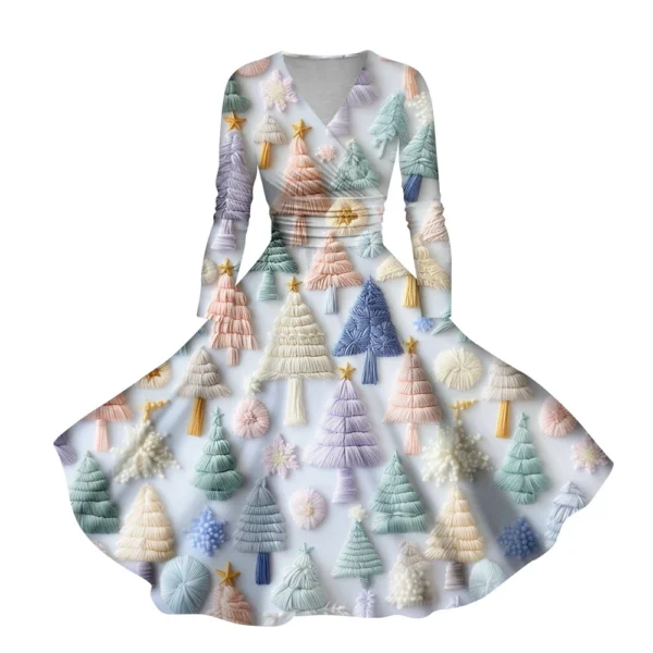 Women's Casual V-Neck Slim Fashion Christmas Long Sleeve Printed Dresses - Image 41