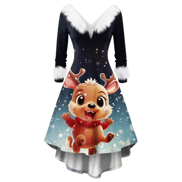Women's Fashion V-neck Casual Fit Christmas Print Party Long Sleeve Dress - Image 14