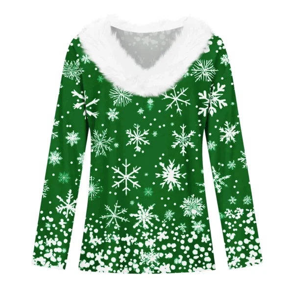 Women's V Neck Christmas Party Top Fleece Collar Shirt Long Sleeve T Shirt - Image 12