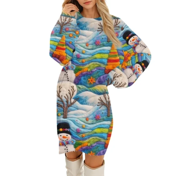Women's Round Neck Casual Long Sleeve Plush Christmas Printed Dresses - Image 5