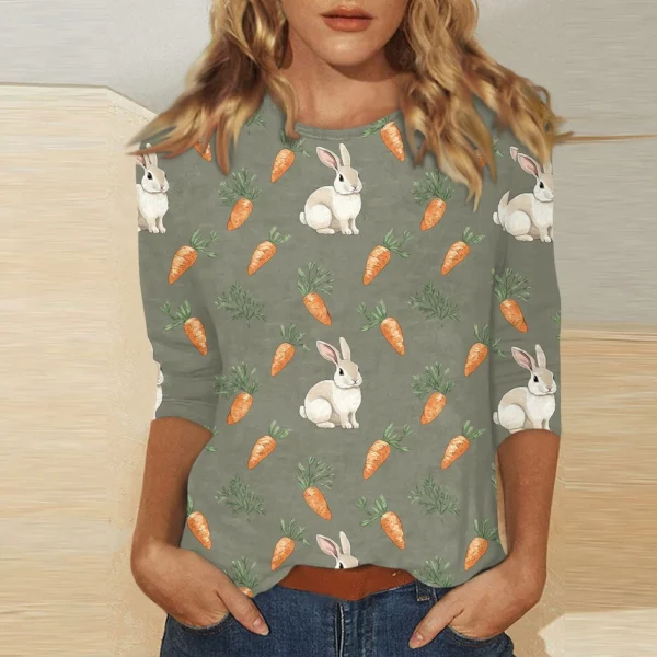Women's Printed Easter Basic Tops Casual 3/4 Sleeve Fashion Plus Size Pullover - Image 16