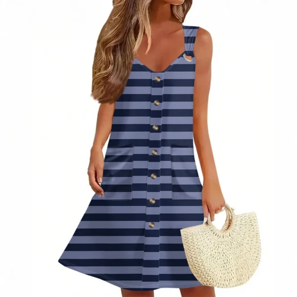 Women's Summer Dress With Pocket Sleeveless Striped Print Sundress - Image 7