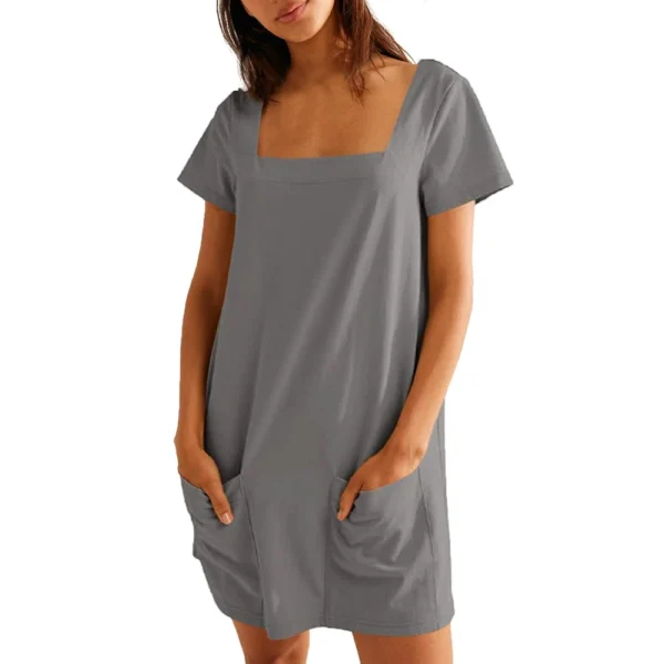 Women's Solid Color Square Collar Short Sleeve Fashion Skirt Pocket Casual Dress - Image 25