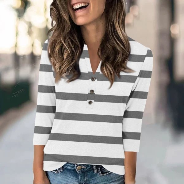 Women's Fashion Casual Loose 3/4 Sleeve Striped Printed Round Neck Top - Image 28