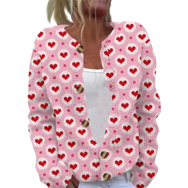 Women's Fashion Printed Valentine's Day Long Sleeved Knitted Cardigan Button - Image 14