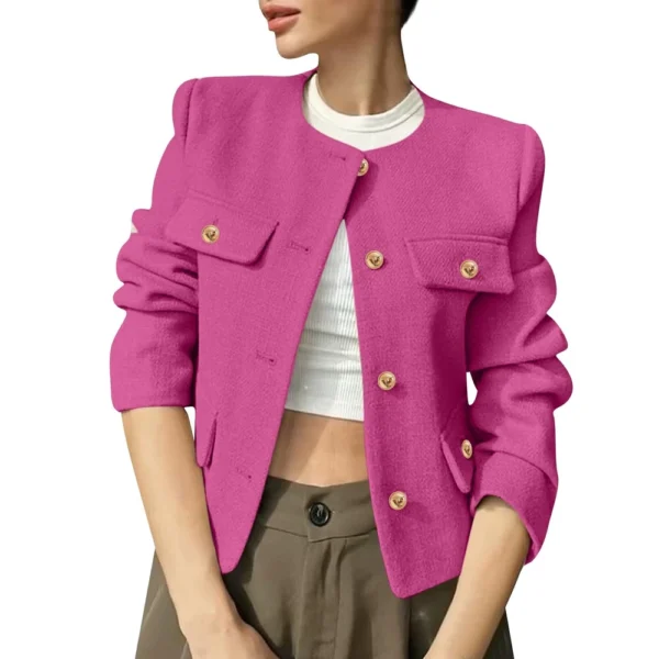 Women's Solid Color Round Neck Fashionable Button Decorated Short Jaket - Image 26