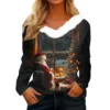 Women's Shirt V Neck Christmas Top Long Sleeve Party Fleece Collar T Shirt - Image 17