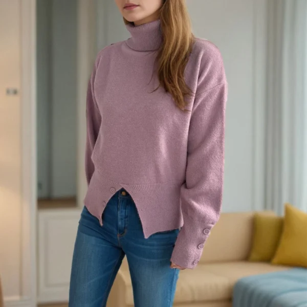 Women's Turtleneck Solid Color Slit Button Sweater Slim Fit Warm Pullover - Image 9