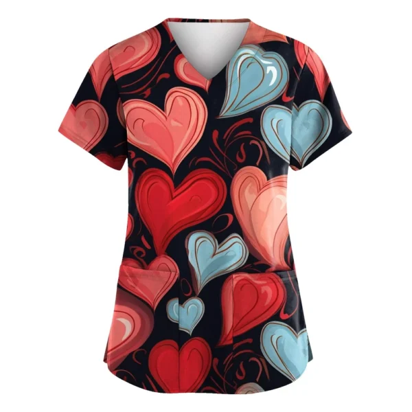 Women's Valentine's Day Printed  Uniform Work Uniform V-Neck Pocket Protective - Image 4