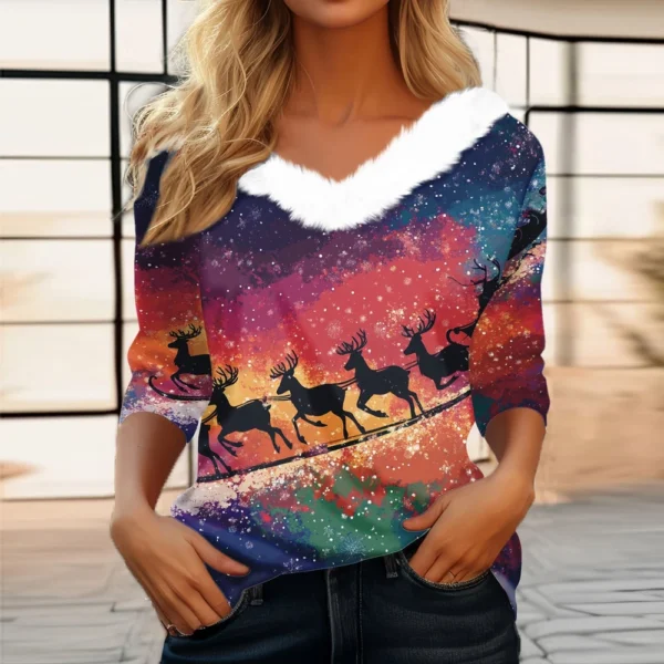 Women's Party Fleece Collar Shirt T Shirt Christmas Long Sleeve V Neck Top - Image 28