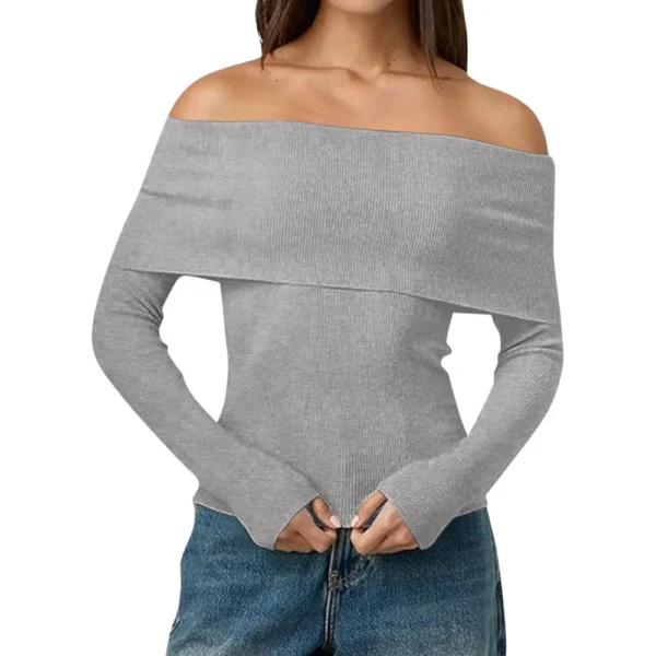 Womens Off The Shoulder Sweaters Long Sleeve Slouchy Knitted - Image 19