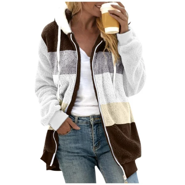 Women's Fashion Stitching Loose Hoodies Long Sleeve Plush Zipper Coat - Image 3