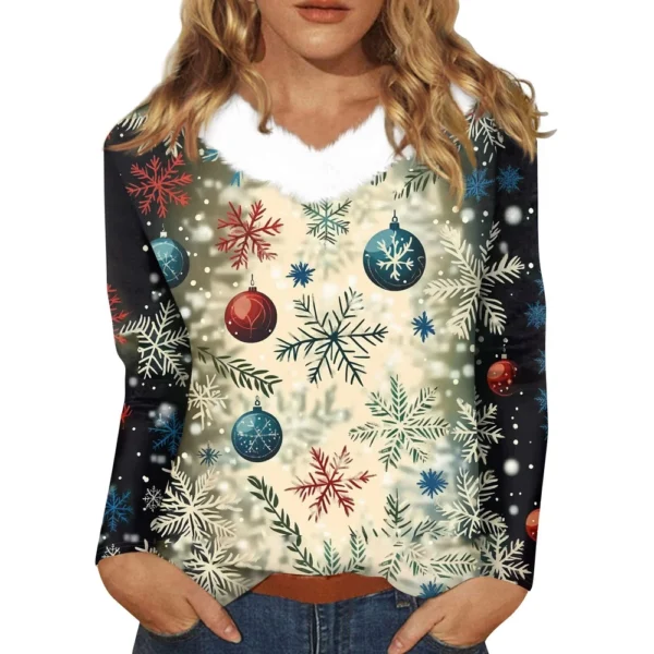 Women's Loose Casual Long Sleeved Christmas Printed Plush Collar V Neck Top, - Image 4