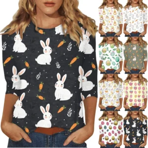 Women's Printed Easter Basic Tops Casual 3/4 Sleeve Fashion Plus Size Pullover