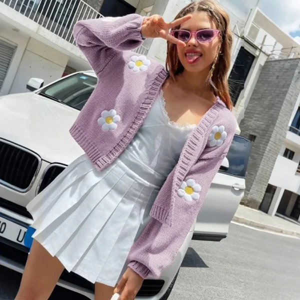 Women's Floral Sweater Loose Short Knit Cardigan - Image 11