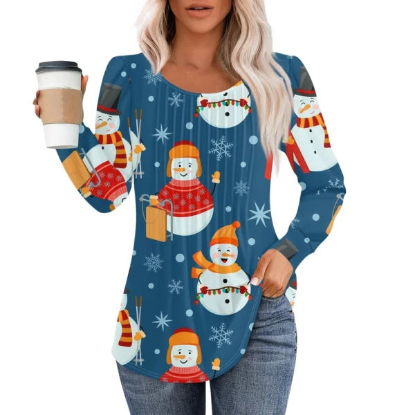 Women's Christmas Printed Top Round Neck Casual Pleated Long Sleeved T-Shirt - Image 9