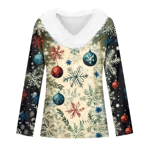 Women's Loose Casual Long Sleeved Christmas Printed Plush Collar V Neck Top, - Image 11