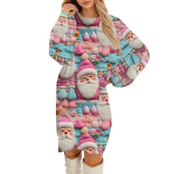 Women's Round Neck Casual Long Sleeve Plush Christmas Printed Dresses - Image 28