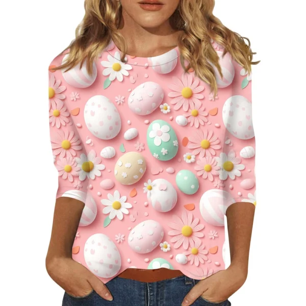 Women's Printed Tops Plus Size Casual Easter Basic Fashion 3/4 Sleeve Pullover - Image 2