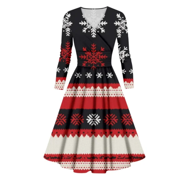 Women's Printed V-Neck Christmas Casual Fashion Long Sleeve Slim Dresses - Image 11