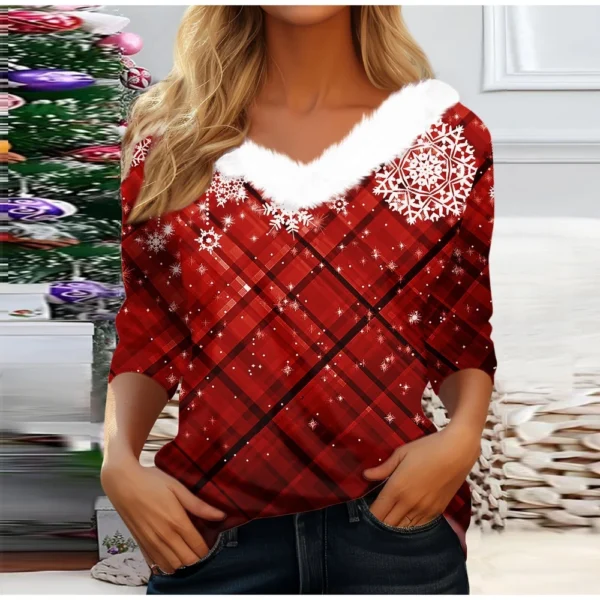Women's V Neck Christmas Party Top Fleece Collar Shirt Long Sleeve T Shirt - Image 31