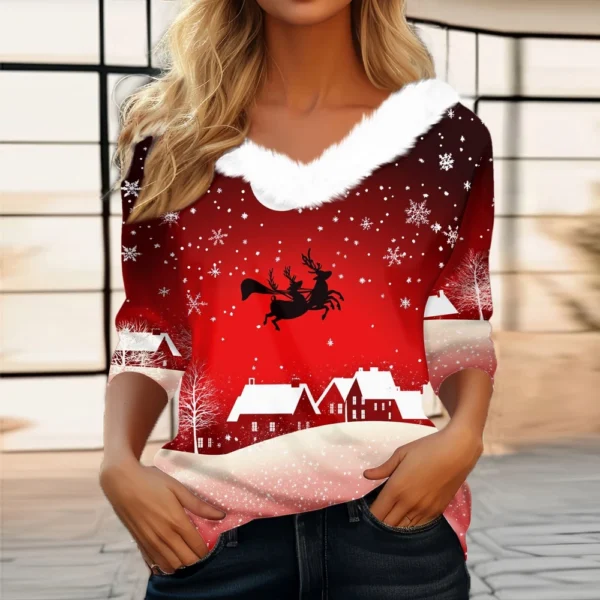 Women's Party Fleece Collar Shirt T Shirt Christmas Long Sleeve V Neck Top - Image 40
