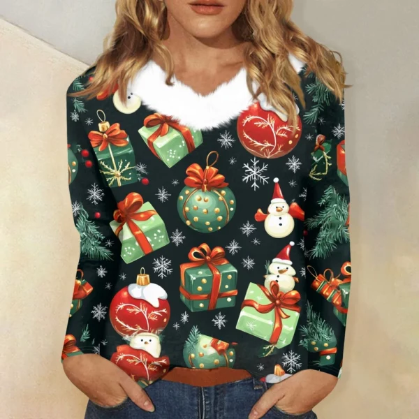 Women's Loose Casual Long Sleeved Christmas Printed Plush Collar V Neck Top, - Image 13
