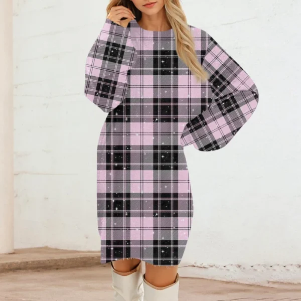 Women's Round Neck Casual Long Sleeve Plush Gradient Plaid Dresses - Image 13