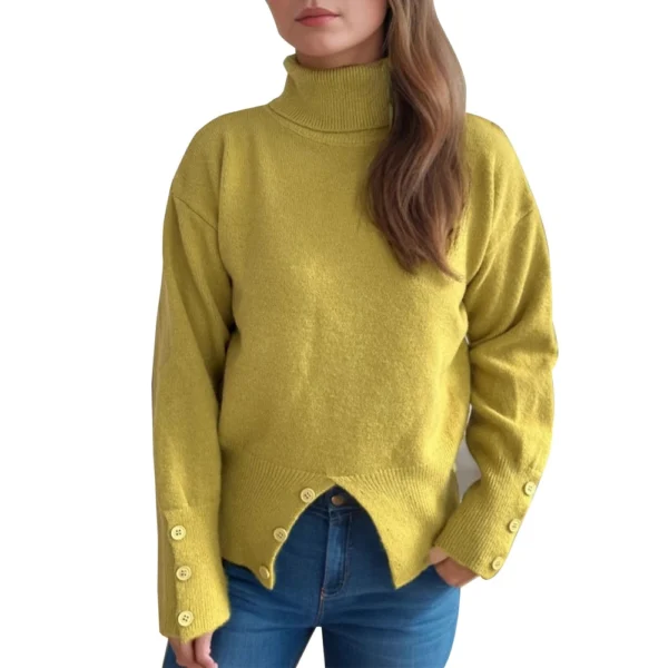Women's Turtleneck Solid Color Slit Button Sweater Slim Fit Warm Pullover - Image 5