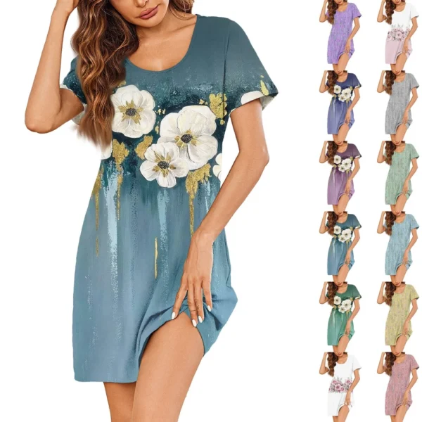 Womens Summer Dresses Short Sleeve Linen Casual T-Shirt Dresses Swing Beach