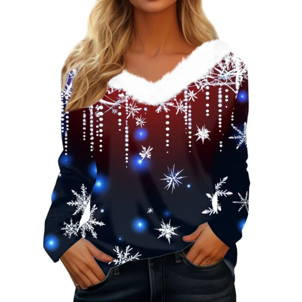 Women's Long Sleeve Christmas Printed Party Plush Neck Wide Casual V-Neck Top - Image 10